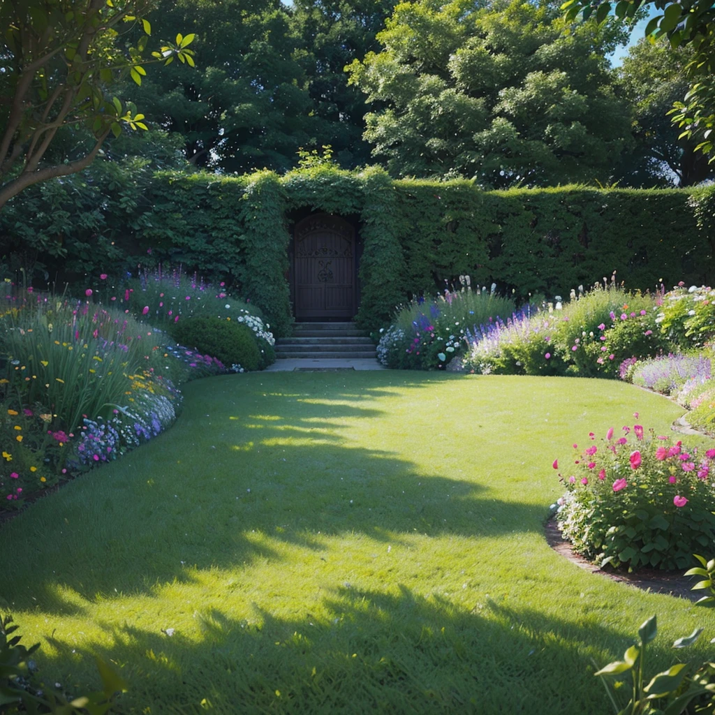 there is a green lawn with a gate and flowers in the middle, lush garden in the background, with a lush grass lawn, lush lawn, garden landscape, beautiful garden on background, garden environment, lush garden surroundings, pastoral backyard setting, parks and gardens, garden with flowers, lush and green, beautiful english garden, garden background, lawn, vibrant greenery outside, beautiful garden