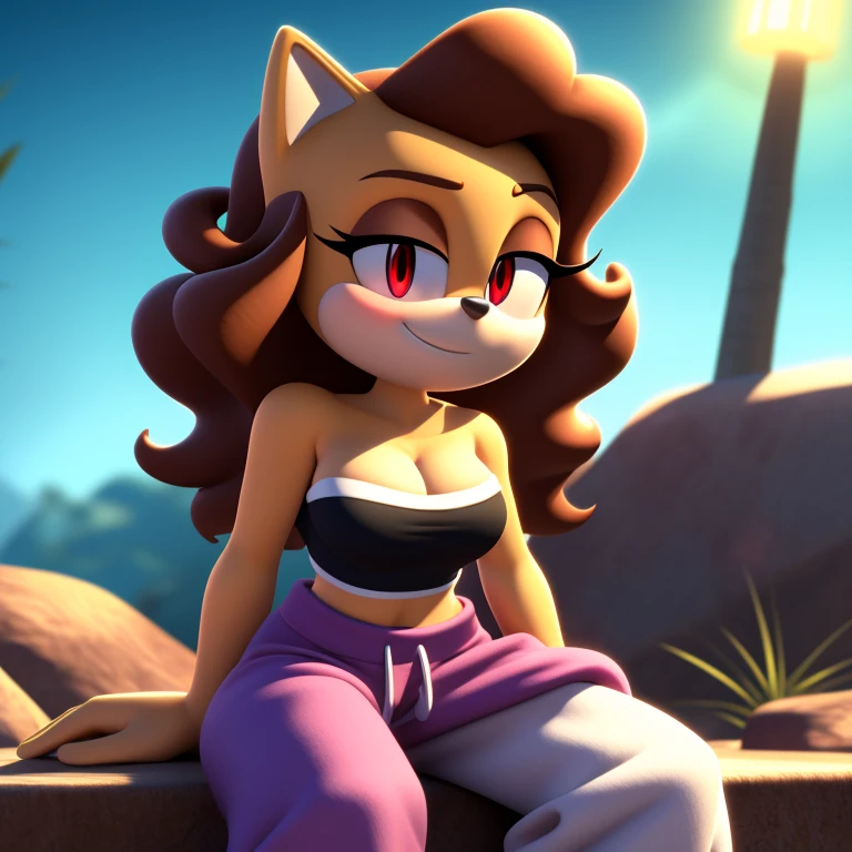 Sasha waybright, strapless crop top, baggy pants, high-top sneakers, cleavage, two-tone hair (brown hair, black tip)), curly hair, halo, sunglasses, jewelry, red eyes, longeyelashes, red eyes, smile, shy, blush, high detail, masterpiece, UHD, anatomically correct, super detail, highres, 4K