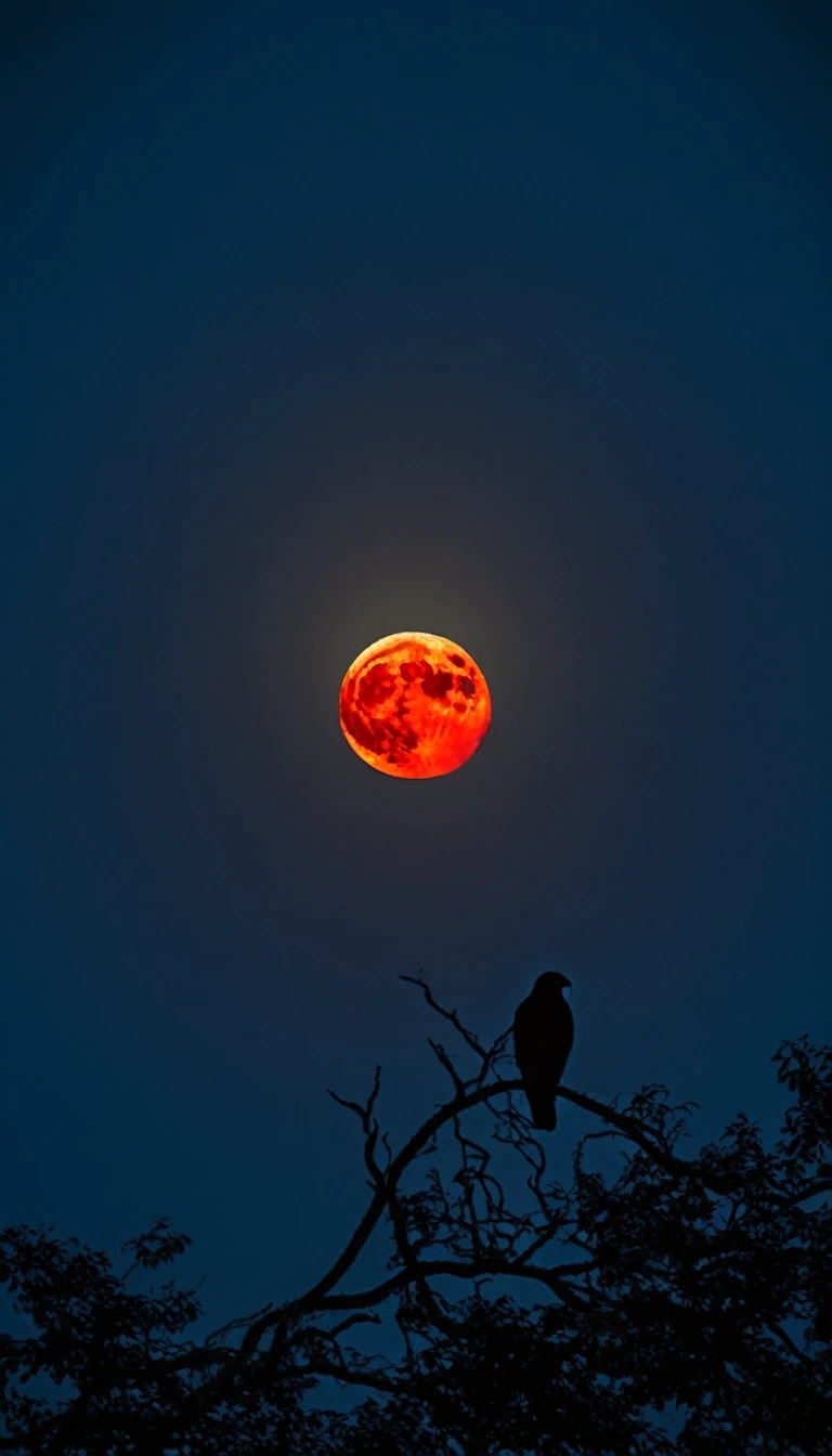 Late Night:1.2、Big Red Full Moon:1.2,Large hawk silhouette:1.5、Summer sky,Realistic,とてもRealistic,Attention to detail,Breathtakingly realistic,High contrast realism,High Saturation Realism,Vibrant colors,Dramatic lighting,Charming landscape,Persuasive storytelling,Atmospheric scenery,Captivating visuals,Intricate details,Strong emotions,Heavenly beauty,A dreamlike world
