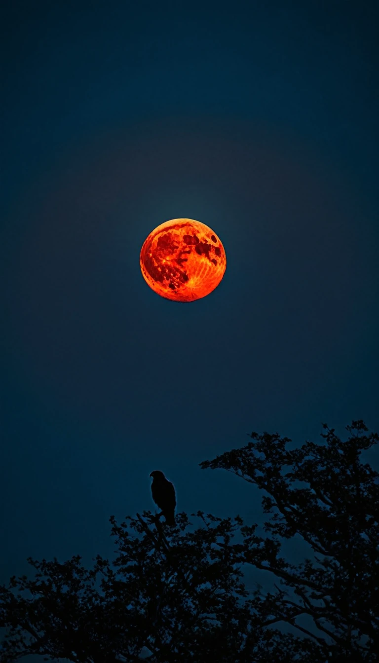Late Night:1.2、Big Red Full Moon:1.2,Large hawk silhouette:1.5、Summer sky,Realistic,とてもRealistic,Attention to detail,Breathtakingly realistic,High contrast realism,High Saturation Realism,Vibrant colors,Dramatic lighting,Charming landscape,Persuasive storytelling,Atmospheric scenery,Captivating visuals,Intricate details,Strong emotions,Heavenly beauty,A dreamlike world