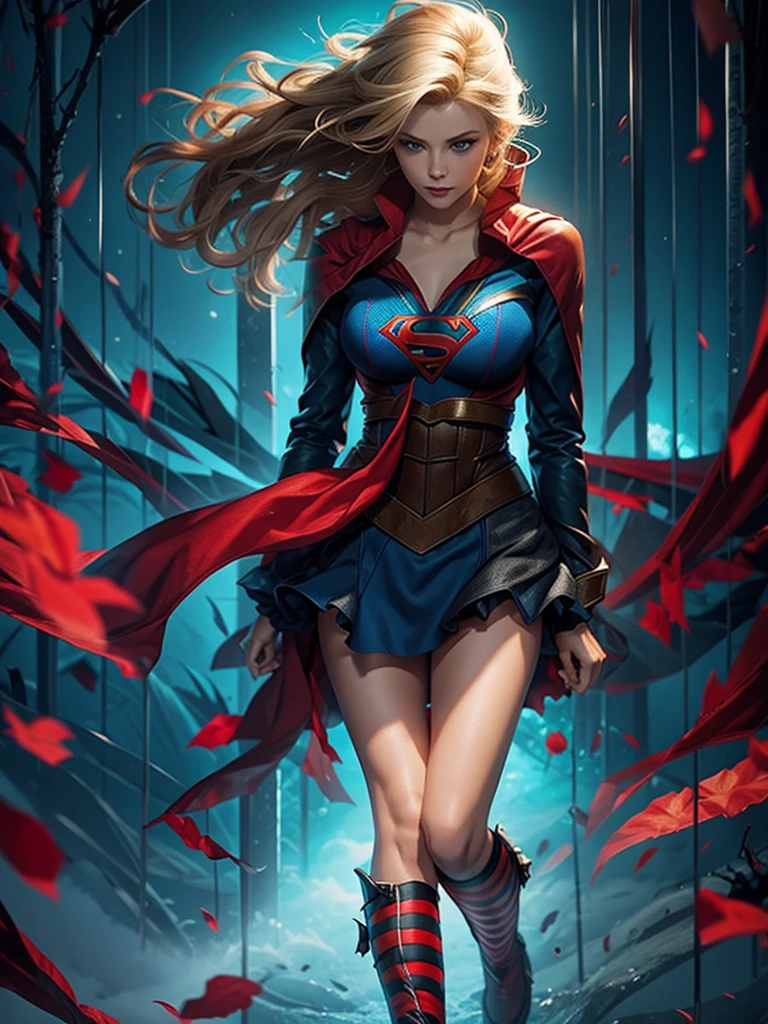 The character Supergirl, extremely beautiful face, perfect red and black costume, extremely beautiful blue eyes, perfect blond hair, smooth curves