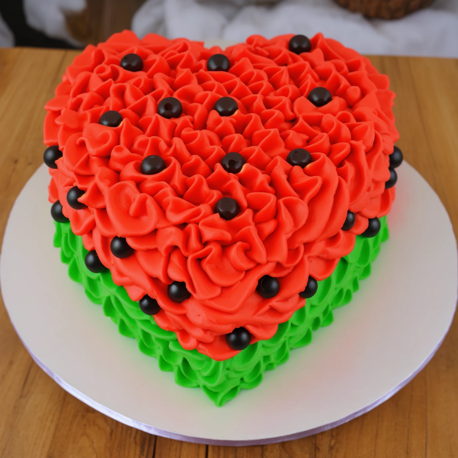 on a wooden table, red and green cream heart cake, star shaped cream, with black plastic beads, Multiple light sources, bright lighting, Realistic style , realistic texture, detailed texture, A high resolution, high quality,