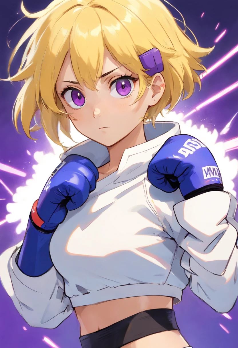 an athletic girl, flat chest, yellow hair, short messy hair, purple eyes, wearing a white MMA outfit and an off-shoulder jacket, shoulders exposed, punk, tough and aggressive, boxing wraps around hands