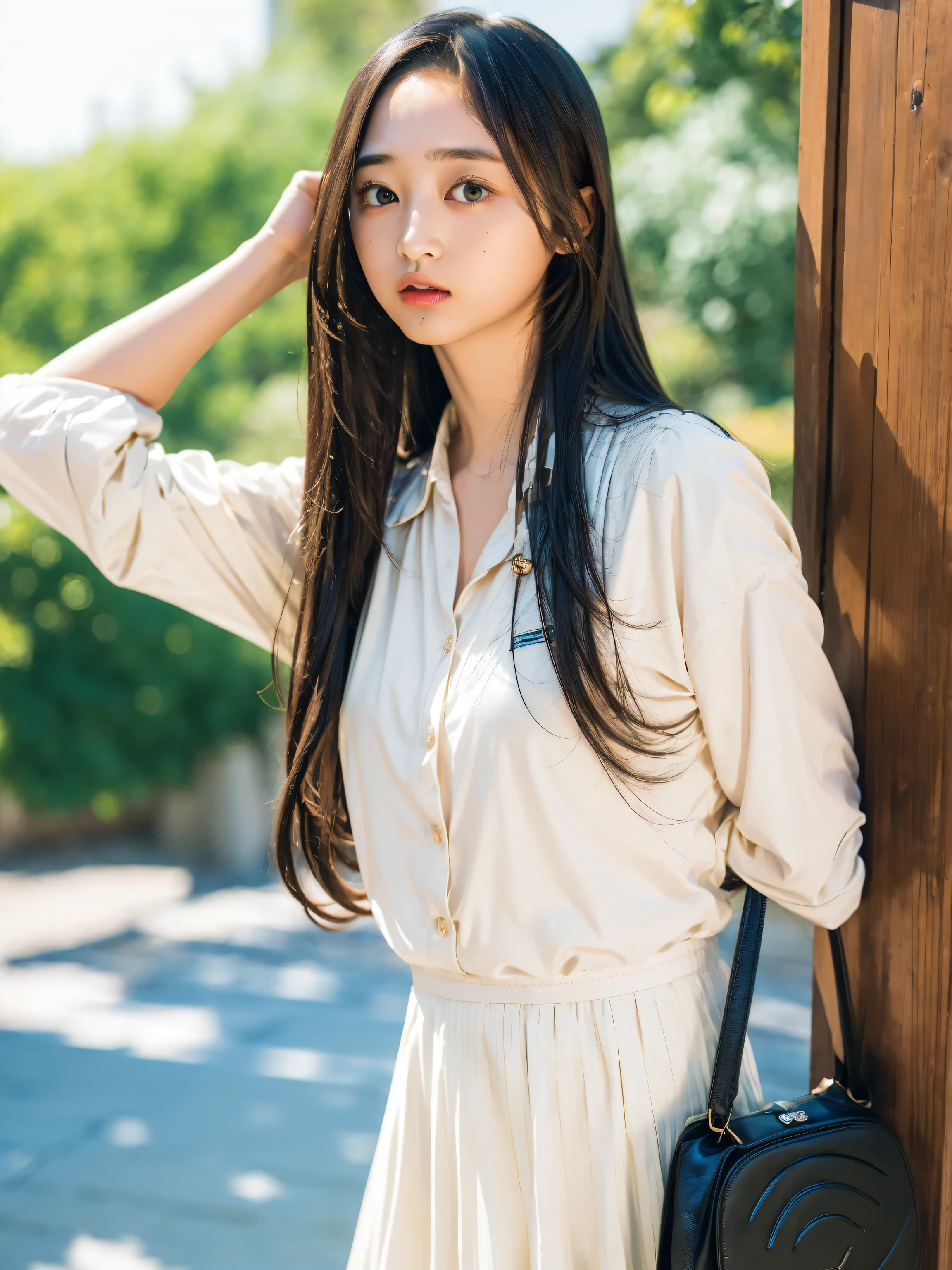 ((highest quality、8k、masterpiece:1.3)),((((upper body shot)))),Ultra-high resolution,big eyes,Japanese,forehead,bangs,(a girl),(1 girl),((16 years old)),((cute)),pretty,((facing at viewer)),(long hair),((black shirts))