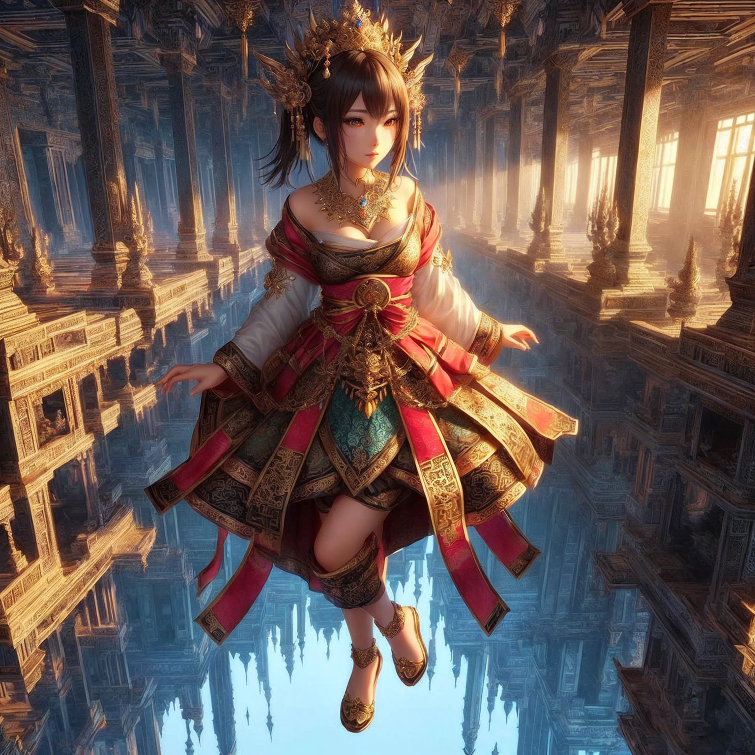 Close-up of a woman in a dress flying over a building., 2. 5d cgi anime fantasy artwork, Beautiful Fantasy Empress, palace , girl in hanfu, Intricate, elegant cgi anime style., Golden Lotus Princess, Highly detailed fantasy characters, highly detailed fantasy art, Excellent and neat character art, Amazing fantasy art, Beautiful Tang Dynasty show, Amazing character art