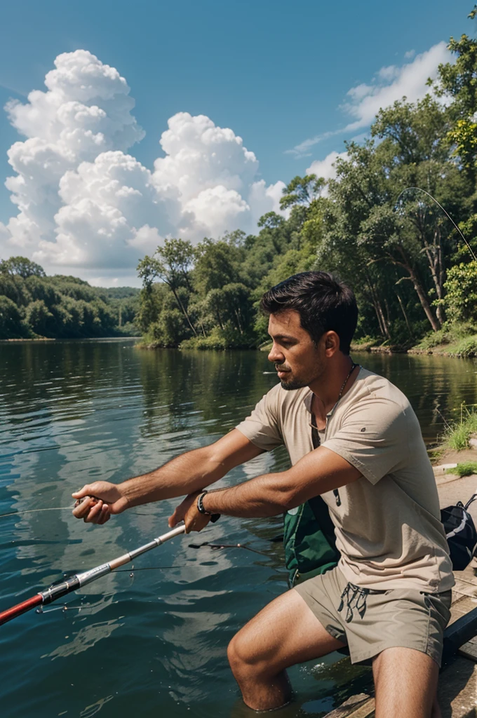 illustration of a man on an island , how he catches fish with a fishing rod