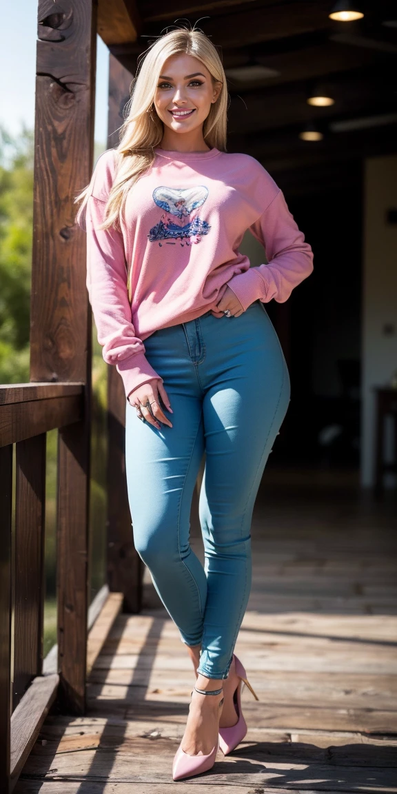 Allie Dunn, blond hair, (pink sweatshirt), (blue pants), (high heels), (perfect leggs), (whole body), (posing), (photo pose), (standing on bridge), (confident stance), (alluring allure), (impeccable craftsmanship), (exquisite attention to detail), (smile) (perfect smile), perfect lipps), (perfect teeth), (perfect smile), (irresistible sexiness), (designed to ignite passion), (undeniable sensuality). looking at viewer, smiling, masterpiece, best quality, highly detailed, (Beautiful and detailed eyes), (beautiful and detailed face), Perfect female body, (Best Quality), (ultra-detailed), (master piece), (high resolution), (Original), (the Extremely Detailed CG Unity 8K Wallpapers), big , perfect skin, perfect face, ultra realistic, sexy.