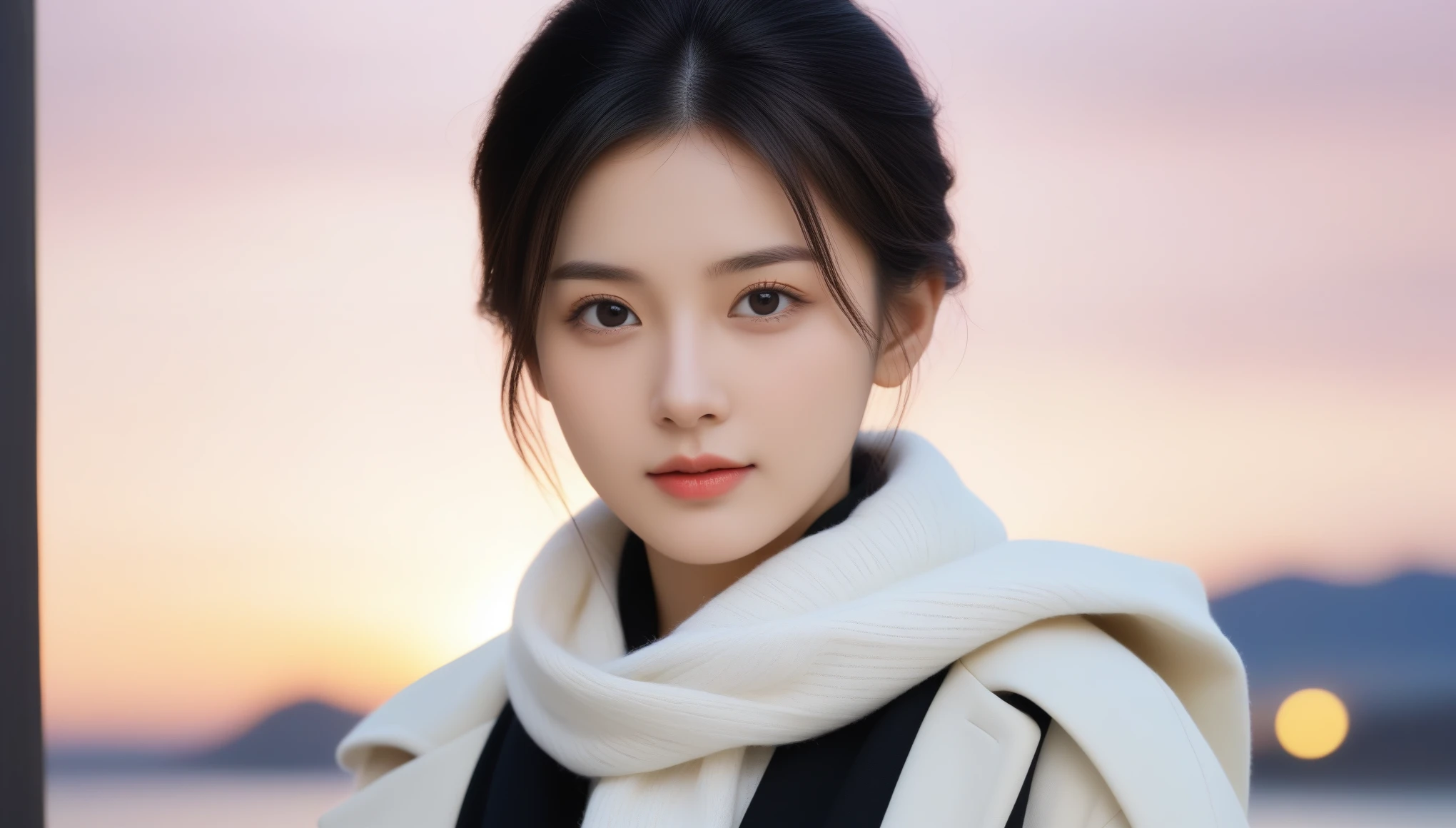 8K, 超High resolution, Highest quality, masterpiece, Surreal, photograph,Three-part method, 1 Girl, (:1.3), pretty girl, Cute face, Beautiful eyes in every detail,Japan Female Announcer,Close Up、Young Wife,(Wearing a long winter coat and scarf、Close-up of a thin black double-sided updo:1.5)、(The girl turned around with a sad look on her face.。, Her hair blowing in the wind on a winter beach:1.5)、(Blurred Background:1.5)、(red sky at sunset:1.5)、(Perfect Anatomy:1.5)、(Complete Hand:1.3)、(Full Finger:1.3)、Realistic、生photograph、Tabletop、Highest quality、High resolution、Delicate and beautiful、Perfect Face、Beautiful details、Fair skin、Real human skin,super cute super model、Look closely at the camera 、鮮明なdetailed、detailed、Surreal、Light and shadow,Strong light,Fashion magazine cover,Thin lips