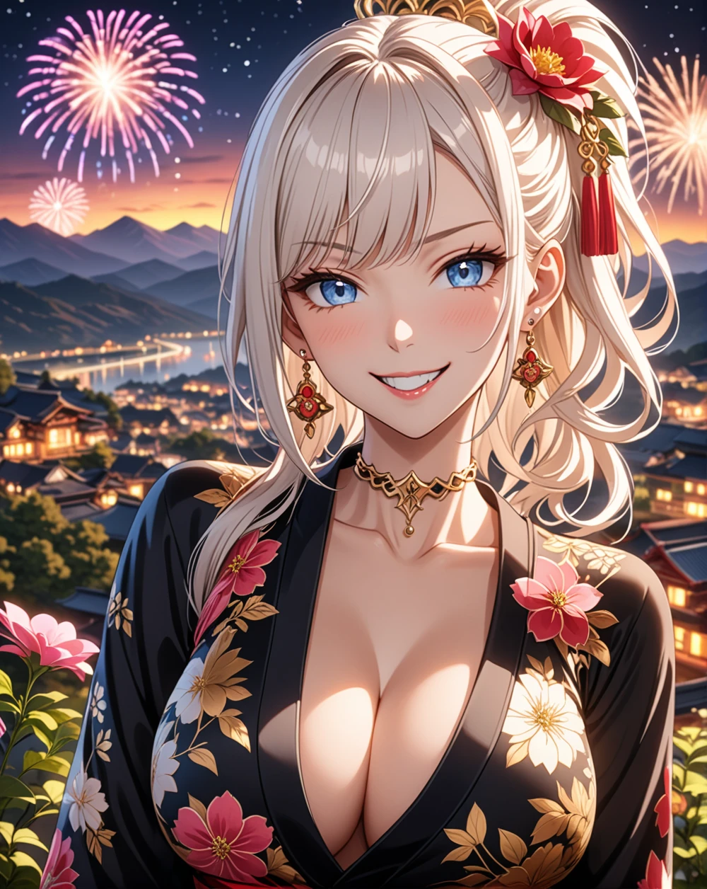 ((One personの女性)), Pretty face, Beautiful Face, (Laughing embarrassedly), (smirk:1.4), ((Wink:1.5)), (head tilt:1.3), Laugh with your mouth wide open, upper teeth, looking at viewer, ((full-face brash:1.5)), Glossy Red Lips, ((:1.4)), night,Mountain countryside landscape, firework, Glossy Red Lips, (Shining Face), ((Anime style background)),masterpiece, Highest quality, so beautiful,up to date, Complex details, (Pink long nails), (nail art), (Gold Ring),(Gold bracelet),(Gold floral choker), (helix piercing:1.7), AI-generated, Complex,High resolution, Highest quality, super high quality,3D Images、3D Images,One person,Long white hair,High Ponytail, Anime woman posing for a photo, ((silver eyes:1.6)), ((Fine grain、blue eyes、Shining Eyes:1.3)), (Squint your eyes:1.1),a hyperRealistic , hyperRealistic , Realistic,Anime woman with long white hair, Smooth anime CG art, (A woman in a colorful kimono with gold embroidery), ((Black long sleeve kimono:1.3)), Red floral pattern,(Long flower hair ornament),Floral Earrings,Mature Bodyinal muscles,Tight waist, ((Zoom in on face:1.6)),