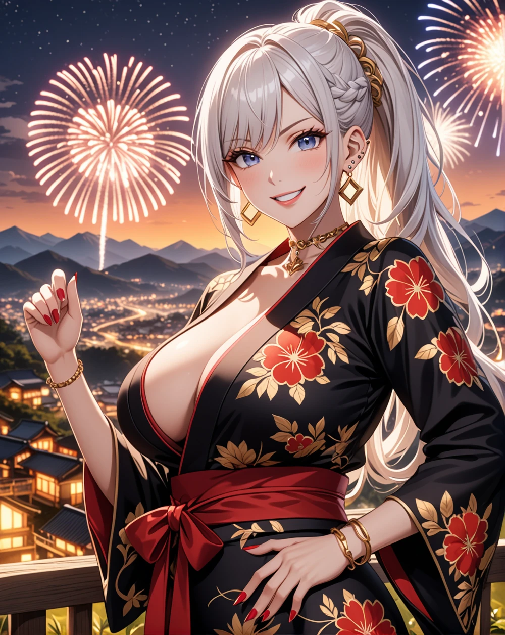 ((One personの女性)), Pretty face, Beautiful Face, (Laughing embarrassedly), (smirk:1.4), ((Wink:1.5)), (head tilt:1.3), Laugh with your mouth wide open, upper teeth, looking at viewer, ((full-face brash:1.5)), Glossy Red Lips, ((Big Breasts:1.4)), night,Mountain countryside landscape, firework, Glossy Red Lips, (Shining Face), ((Anime style background)),masterpiece, Highest quality, so beautiful,up to date, Complex details, (Pink long nails), (nail art), (Gold Ring),(Gold bracelet),(Gold floral choker), (helix piercing:1.7), AI-generated, Complex,High resolution, Highest quality, super high quality,3D Images、3D Images,One person,Long white hair,High Ponytail, Anime woman posing for a photo, ((silver eyes:1.6)), ((Fine grain、blue eyes、Shining Eyes:1.3)), (Squint your eyes:1.1),a hyperRealistic , hyperRealistic , Realistic,Anime woman with long white hair, Smooth anime CG art, (A woman in a colorful kimono with gold embroidery), ((Black long sleeve kimono:1.3)), Red floral pattern,(Long flower hair ornament),Floral Earrings,Mature Body,Abdominal muscles,Tight waist, ((Zoom in on face:1.6)),