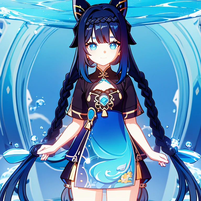 [ GIRL] Black long braids hair,blue to cyan eyes with shiny pupils,Blue and cyan thai national dress,Hug a cute puppy, named June,Hydro,Underwater