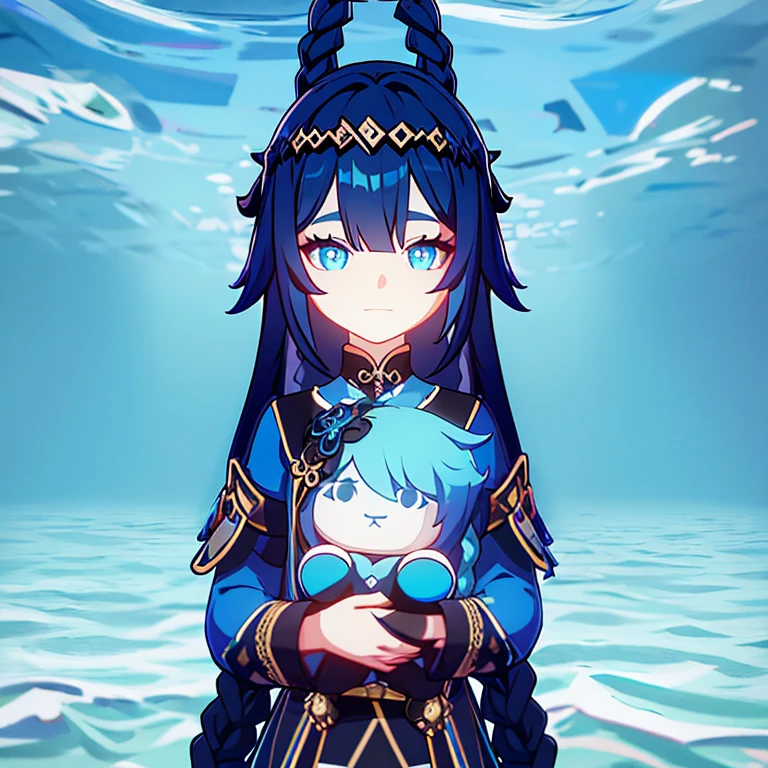 [TEEN GIRL] Black long braids hair,blue to cyan eyes with shiny pupils,Blue and cyan thai national dress,Hug a cute puppy, named June,Hydro,Underwater