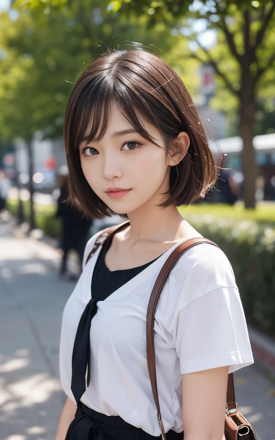 Cute 21 year old Japanese、University、School、campus、Ultra-detailed facial features、Attention to detail、double eyelid、Beautiful and thin nose、Sharp Focus:1.2、beauty:1.4、(Light Brown Hair、Short Hair、)、Pure white skin、highest quality、masterpiece、超High resolution、(Photorealistic:1.4)、High resolution、Professional Lighting、nice smile、please show me your whole body、Casual pants、Spring Clothes、