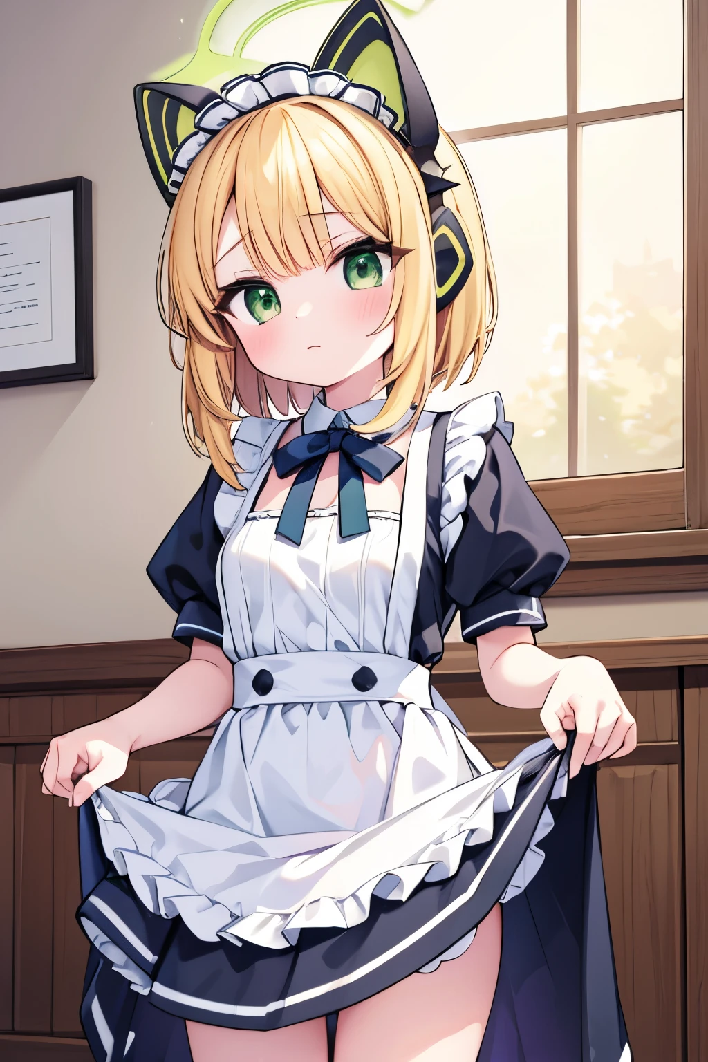 B Cup　　masterpiece　Highest quality　High resolution　Blonde　Maid clothes　student　Skirt lifted　Show your pants　cute　Midori Saiba　Small Mouth　Light in your eyes　Eye highlights