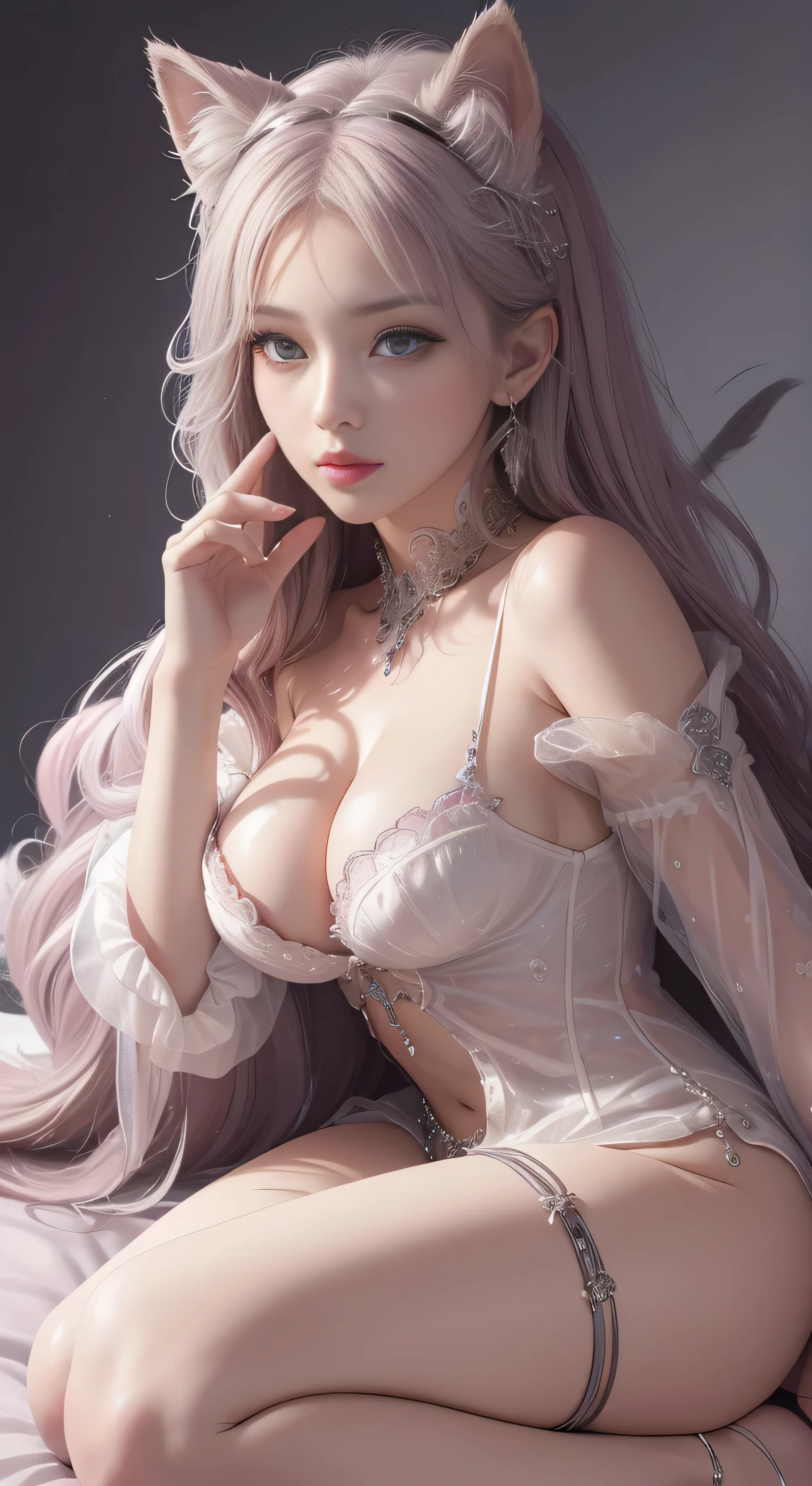 tmasterpiece,Highest image quality,Beautiful bust of the noble cat queen,cat ear,big breast, Cat tail delicate silver hairstyle,Clear pink eyes,A dazzling array of intricate jewelery adorns the chunky, Plush clothes。Plush clothing,Leather heels,Ultra-detailed details,advanced。At the Pixiv Art Station,Break your own power,,The kinky exposed,R-18G
