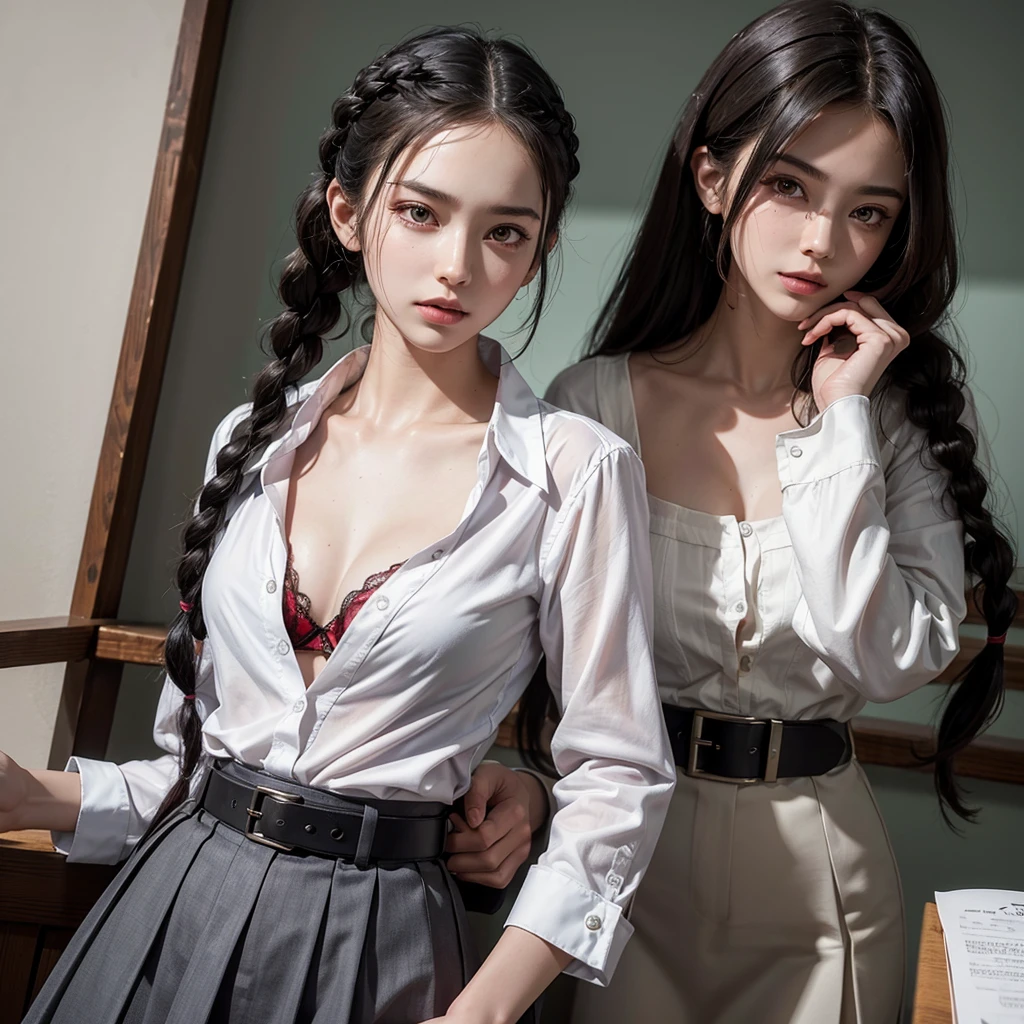 (masterpiece, best quality: 1.2), yoru(chainsaw man),(very detailed face, real image, realistic skin, realistic body, intricate details), red eyes (intimidating look), light blush, social clothing, semi-open button-up shirt (White), white bra, Skirt (black), black belt with buckle, big hair (stuck with braids), small breasts, close-up, large thighs, classroom, blackboard.