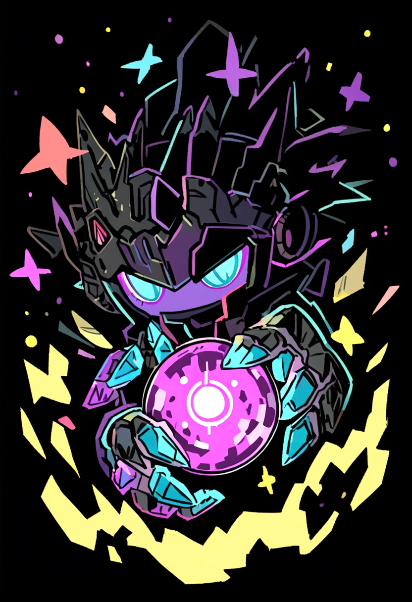 /imagine prompt: Prophet illustration with sticker on black background,Holding a crystal ball in hand in bold outline style, Jagged edges, Trash core, Light Shadow --V 5.2