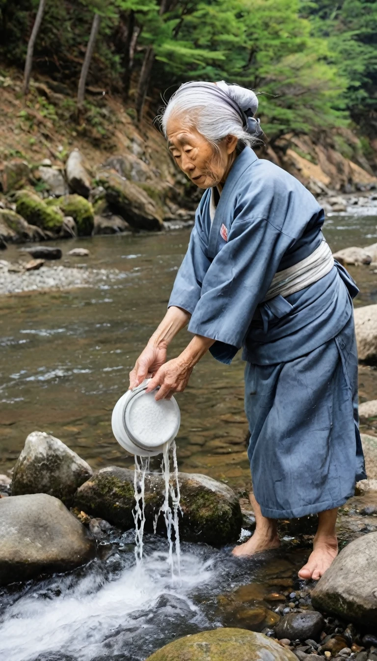 Grandmother,Japan,Old tales,Mountain,Washing in the river