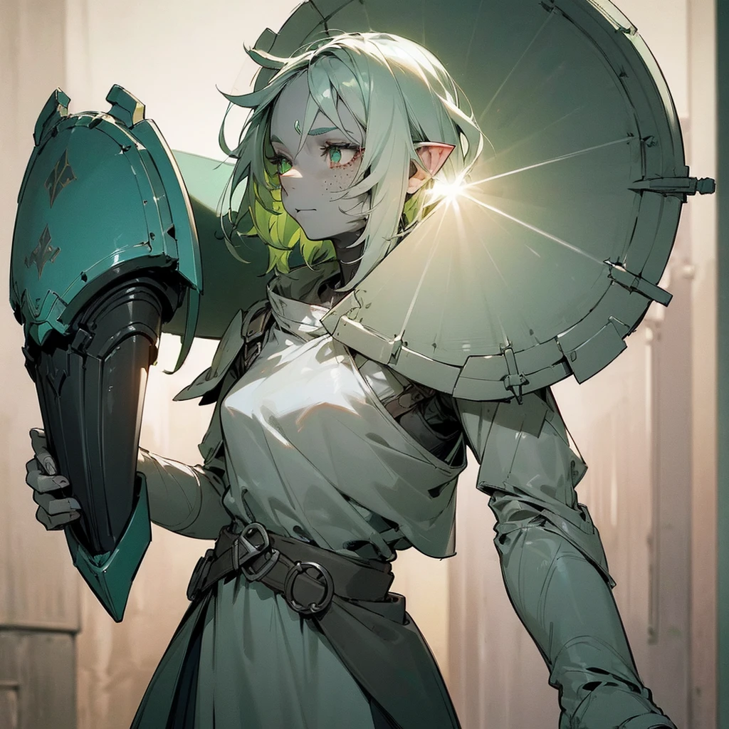 ((a beautiful young dark elf girl with  Grey skin tone)), ((light green hair and dark green eyes)), ((freckles on her face)), ((petite stature)), ((holding a small shield in her right hand)), ((excellent medic skilled in poisons and medicines)), ((fantasy)), ((digital art)), ((highly detailed)), ((intricate)), ((cinematic lighting)), ((vibrant colors)), ((8k)), ((photorealistic)), ((concept art)), ((character design)), (((((Gray skin))))), a beautiful young dark elf girl with  Grey skin tone, light green hair and dark green eyes, freckles on her face,  stature, holding a small shield in her right hand, excellent medic skilled in poisons and medicines, fantasy, digital art, highly detailed, intricate, cinematic lighting, vibrant colors, 8k, photorealistic, concept art, character design, (((Gray skin)))