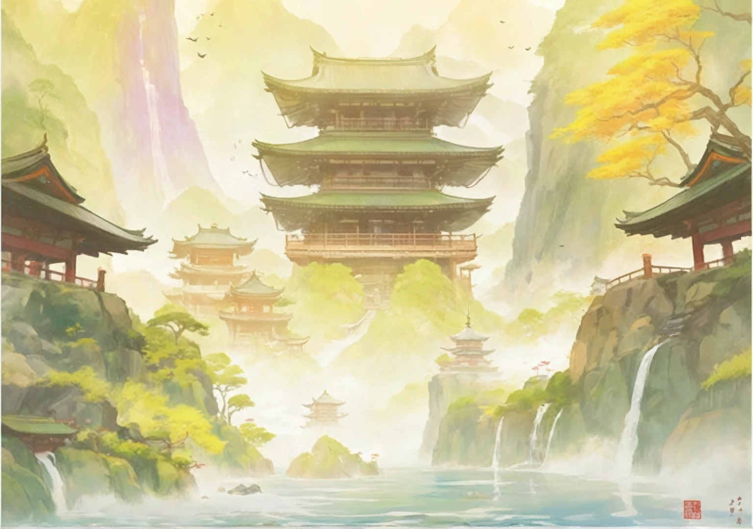 A painting of a pagoda in the mountains, background technology, Onmyoji detailed art, background technologywork, Temple Background, anime background technology, zen Temple Background, Ross Chen. Landscape background, Cora Legend setting, Depicting the background of the temple, Anime Background, Anime Landscape概念艺术, Onmyoji, Traditional Japanese concept art, Anime Landscape