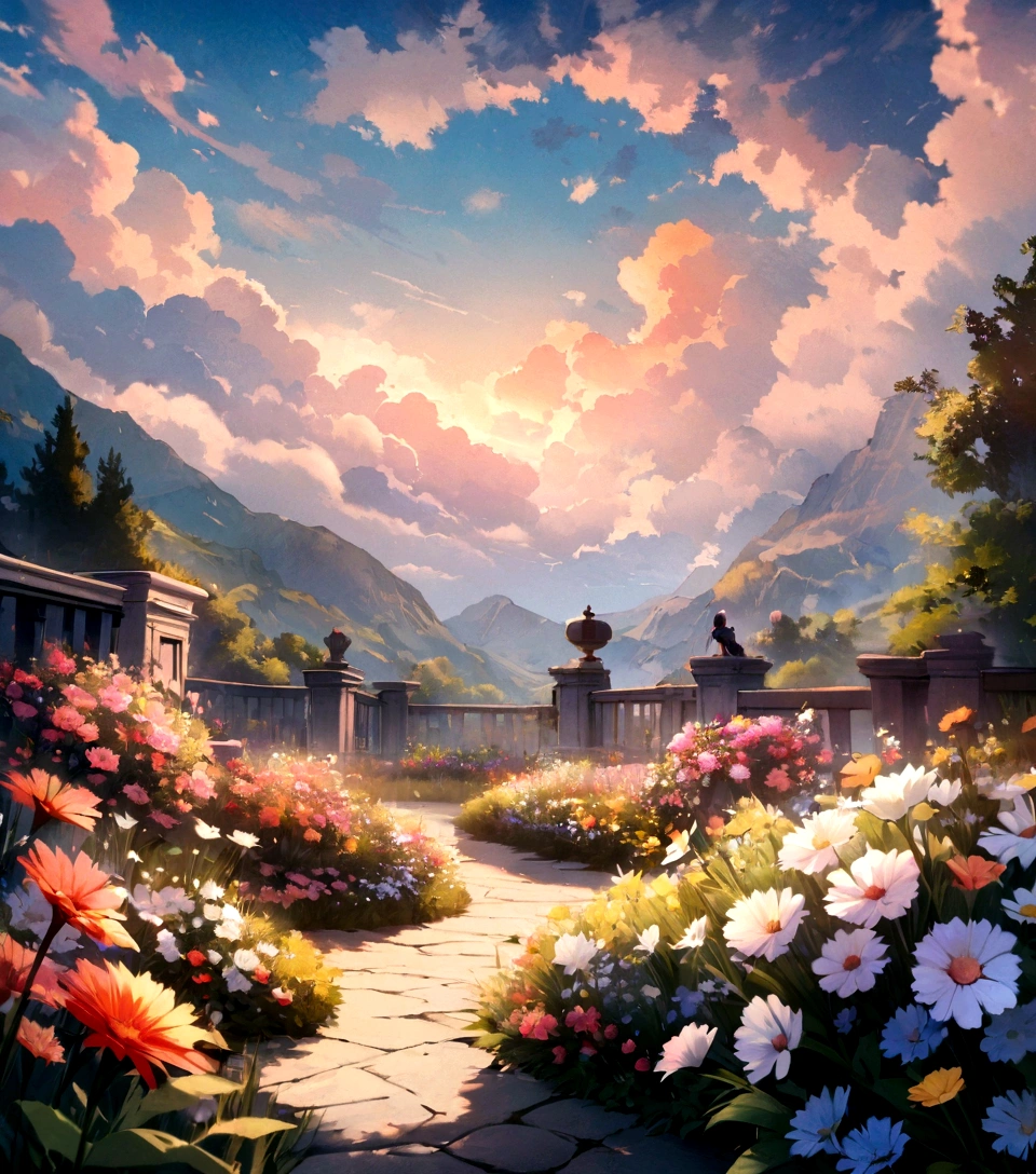 RAW Photos, Highest, masterpiece, Highest quality, high quality, Very detailed, Painting of flower garden on sky background, Painted floral background, Dreamy Floral background, Dreamy Floral, Dreamy scene,