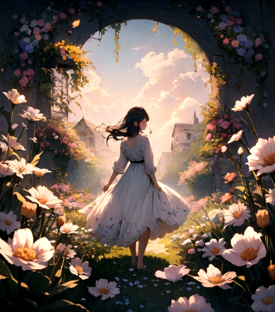 RAW Photos, Highest, masterpiece, Highest quality, high quality, Very detailed, Painting of flower garden on sky background, Painted floral background, Dreamy Floral background, Dreamy Floral, Dreamy scene,