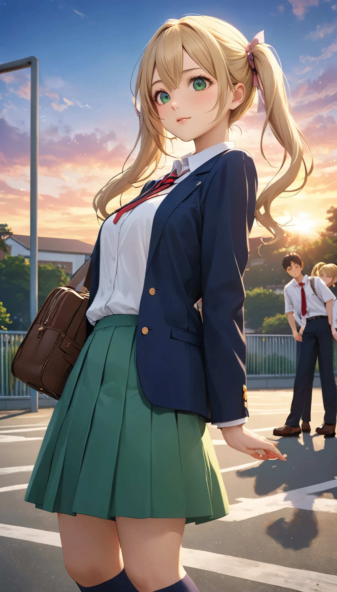 Highest quality, Highest quality, 16K, Unbelievably absurd, Very detailed, 2.5D, delicate and dynamic, School, Schoolyard, after school, sunset, Vivid sky, 小さなかすかな光と色Vivid sky気, School bag, Small face, Very delicate facial expressions, Delicate eye depiction, Upper body close-up,, erotic, dynamic sexy poses, One sexy woman, Healthy body shape, 16-year-old female, doaxvv_marie rose, student, Height: 170cm, big firm bouncing busts, , blonde very long wavy hair, twin tail, Landscape, Looking back towards the camera, Looking up, Navy blue blazer, White shirt, Green skirt, knee high socks, Brown Loafers, Schoolyardに一人で立っている