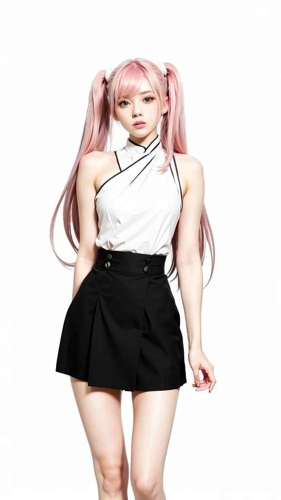 1 girl, long hair twin tail, pink color hair, pink eyes color, white suit, black mini skirt, black shoes, beautiful girl, cute girl, sexy girls, ultra detail, realistic, cosplayer, 80 mn lens