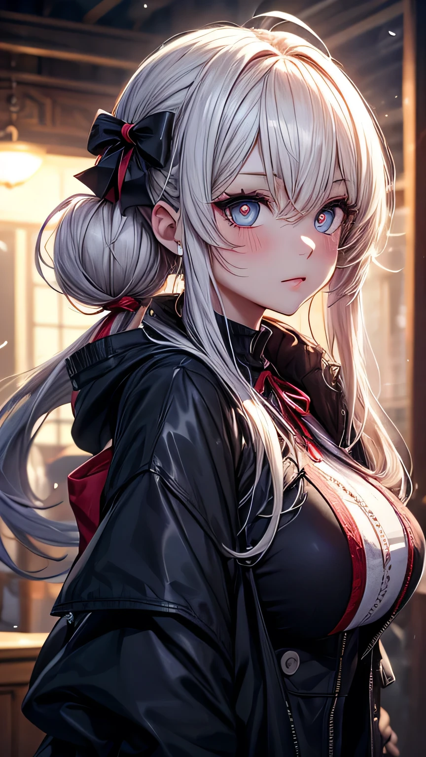 Starry Eyes, Looks even more beautiful than immortal, Ahoge, Star-shaped pupils, Amber Eyes, Colored contact lenses, blush, High detail, Romanticism, Modern, Gothic art, Cinema Lighting, Ray Tracing, Sony FE GM, Ultra-high resolution, High detail, Highest quality, 8K, Mid-chest, Breast, Twin tails, Long jacket, ribbon, mystery, snow,