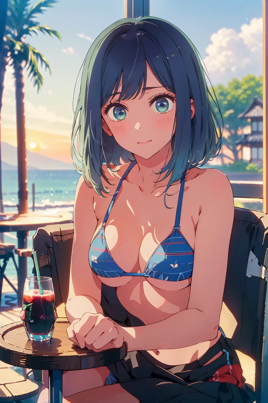 (Highest quality:1.4、masterpiece:1.4、Super detailed:1.4、8K:1.4)、F cup bust、Big Breasts、Slim body、((((1 person、sit、In the background are the urban buildings of Tokyo、looking at the camera、Outdoor café terrace、coastal、Navy hair color、juice、table、Sunset Beach、sunset、Very cute face))))、((((bikini))))、Big eyes、((((Shallow depth of field))))、(Cheek resting on hand、Holding a glass)