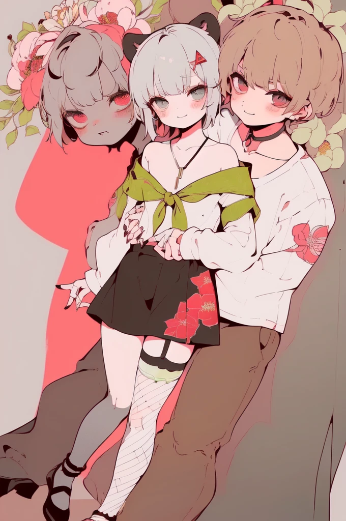 (((a Woman is Hugging a Boy from Behind))), (((Back Hug))),
BREAK; 
(Niji), (1Boy, Chibi), (((Pale Gray Hair, Bangs:1.5, Tired Hair:1.3, Very Short Hair:1.5)), (Hair Leaf, Green Leaf ornament), (((Brown Raccoon Ears))), ((Brown Raccoon Tails)), ((Dark Brown Eyes:1.1)), ((Makeup, Short Eyebrows:1.1, Brown Eyeliner, Brown EyeShadow)), ((Shirt, White Shirt, Short Sleeves, Tie, Green Tie)), (Haori, Japanese Haori), ((Japanese Kimono Cort)), ((Deep Gray Shorts)), ((White Socks)), ((Brown Shoes)), (((Smile:1.1))), Slender Body, Big Hips:0.5, Thighs:0.5, (((Flat Chest:1.5))),
BREAK; 
(((1Woman, Adult Woman))), (Red Hair, Layered Hair, White Hair, Short Hair), (MakeUp, Red Eyeliner), ((Military Uniform, Long Sleeve, White Ascot)), ((Shirt, White Shirt)), ((Skirt, Tight Skirt)), ((Brown Garter Straps, Stockings, Fishnet Tights)), Thighs:1.3, ((High_Heels)), Slender Body, (((Big Breasts:1.3))), Red Nails, Grin, Smile,
BREAK; 
(8K, Best Quality, Ultra Detailliert, Highres, Absurdres, Perfect Anatomy, Masterpiece), Perfect Face, (((Strong Outline))), Five Fingers, (Blush), ((Posed Photo:1.3)), ((Wide-Angle Photo:1.3)), Dutch Angle, (Floral Print:1.3), (White BackGround), (Flower BackGround:1.3), (Floral BackGround:1.3),