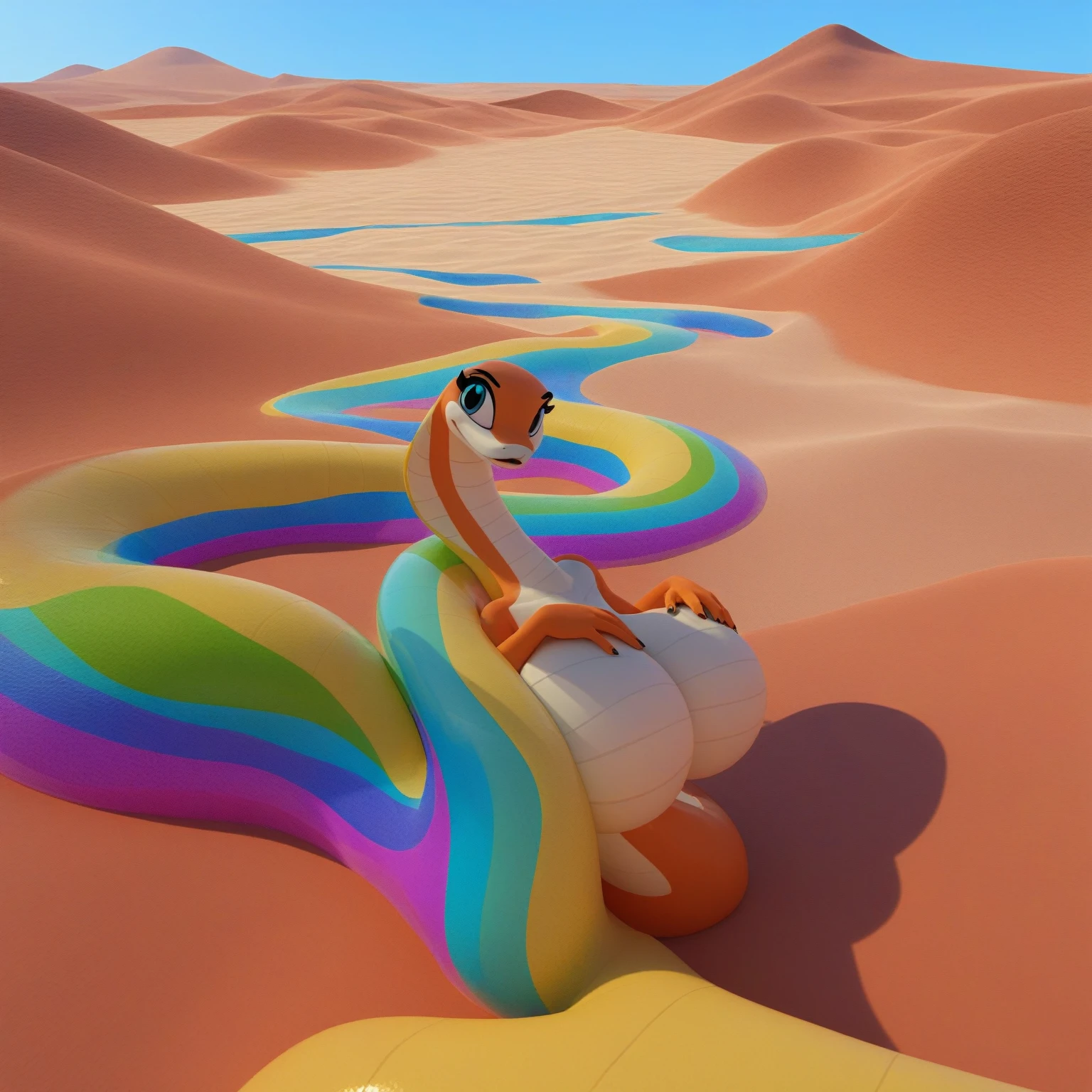 score_9, score_8_up, score_7_up, score_6_up, Render a 3D image of a majestic female anthro snake sprawled across the Australian desert landscape. The subject's sinuous body, devoid of arms, legs, limbs, nose, or ears, mesmerizes with its vibrant scales shimmering in every hue of the rainbow - red to orange, yellow, green, blue, and purple. Her scaled breasts, perfectly formed and medium-sized, entice the viewer's gaze. Her eyes, highlighted by luscious eyelashes and eyebrows, sparkle like gemstones amidst the desert's arid terrain. The snake's head rises majestically before the viewer, with her sinuous body arching over the land in places. In the distance, her tail disappears into the horizon. As she glides down a dry riverbed, small pools of water come to life, nurturing a scattering of shrubs, small trees, and birds.
