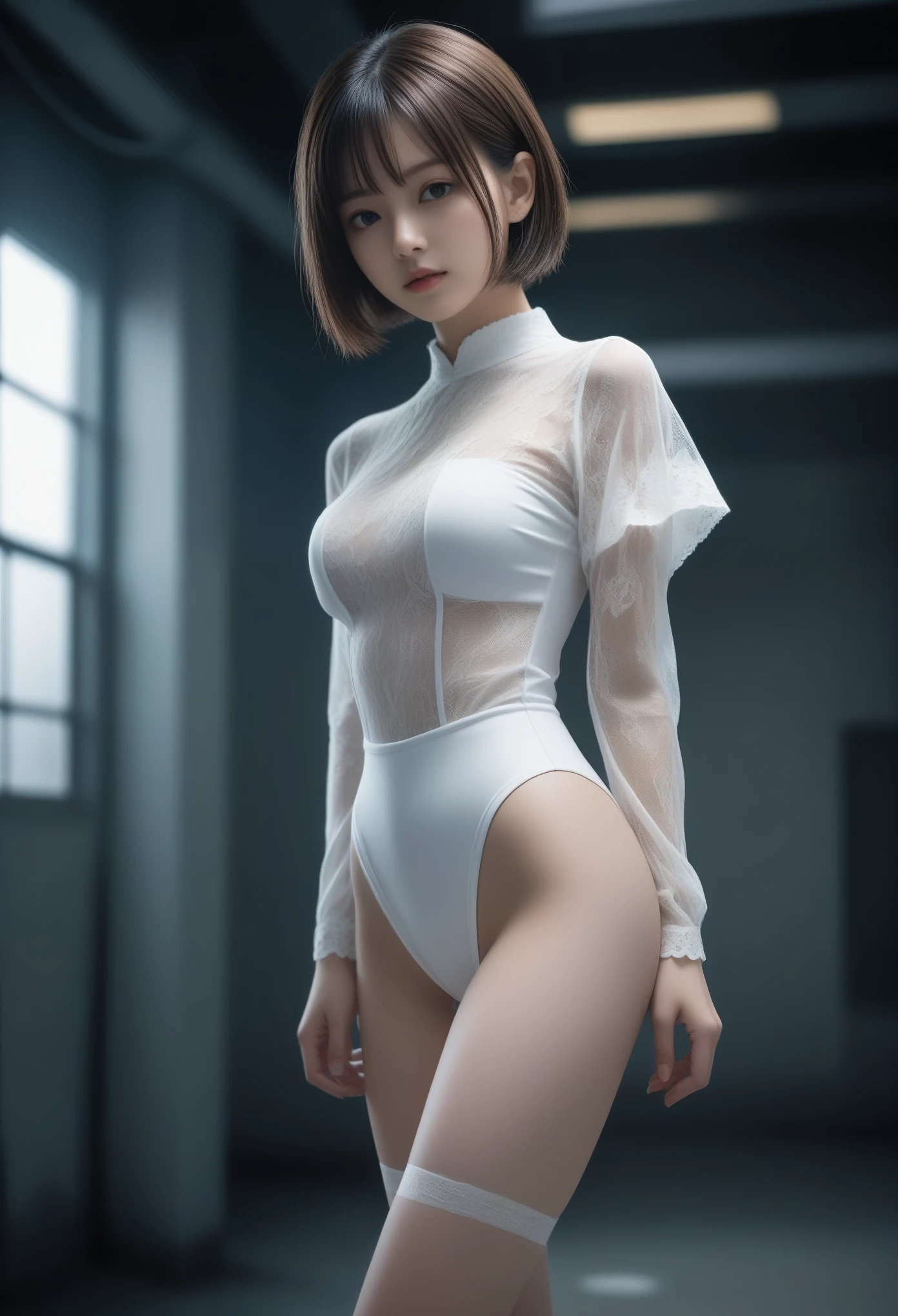 8K, Ultra-high resolution, Highest quality, masterpiece, Surreal, photograph, 1 Girl, (:1.3), pretty girl, Cute face, Beautiful eyes in every detail, 細かくdetailedに,masterpiece,, One Girl:1.2, Japan Female Announcer, Brutal Cyberpunk Woman,Bob Haircut,(See-through leotard:1.05),High leg cut,Lace blouse,(Lace Stockings), (White bondage and white gothic lolita)),Arending,Beautiful leg line beauty,Captivating thighs, (In a post-apocalyptic scenario:1.2),Expression of despair,Dark and atmospheric lighting, This pose expresses a somber ecstasy..,Bold Pose,Looking at the audience、beauty,Long neck、Laugh a little、Please close your mouth and laugh、(((Ideal body type))),A-cup small breasts :2,、Portraiture:2、Perfect Anatomy、鮮明なdetailed、detailed、Surreal、Light and shadow,Strong light