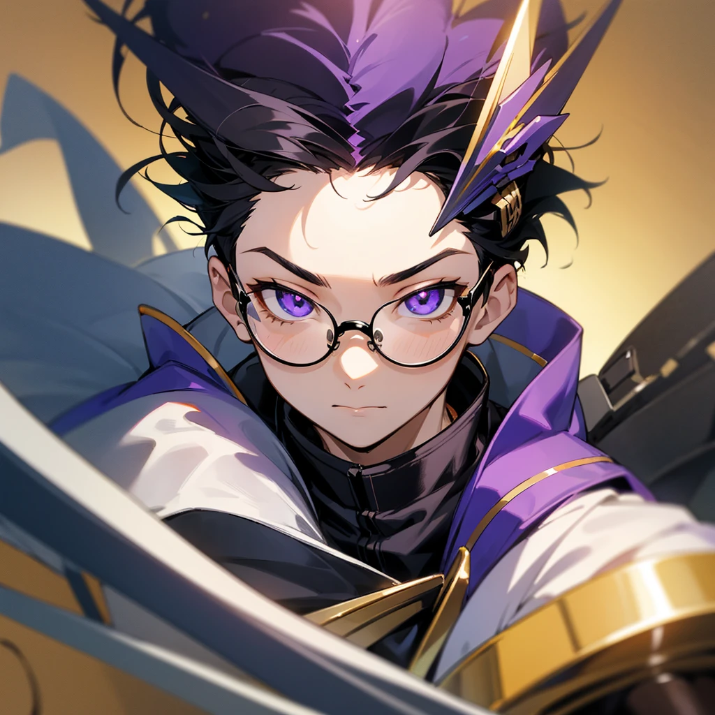 Create a boy, a 10-year-old who has a purple Valkyrie helmet on his head, spiky black hair, golden headphones, large round black glasses and a face that looks like he's drooling, a formal shirt, a silver necklace and a pair of slim pants.