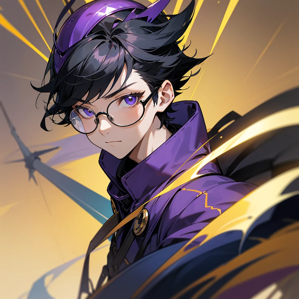 Create a boy, a -yeld  whas a purple Valkyrie helmet on his head, spiky black hair, golden headphones, large round black glasses and a face that looks like he&#39;s drooling, a formal shirt, a silver necklace and a pair of slim pants. 