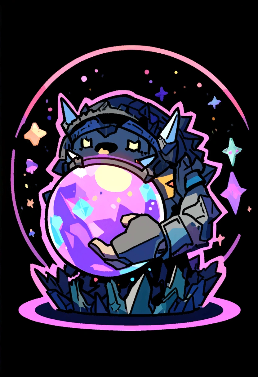 /imagine prompt: Prophet illustration with sticker on black background,Holding a crystal ball in hand in bold outline style, Jagged edges, Trash core, Light Shadow --V 5.2