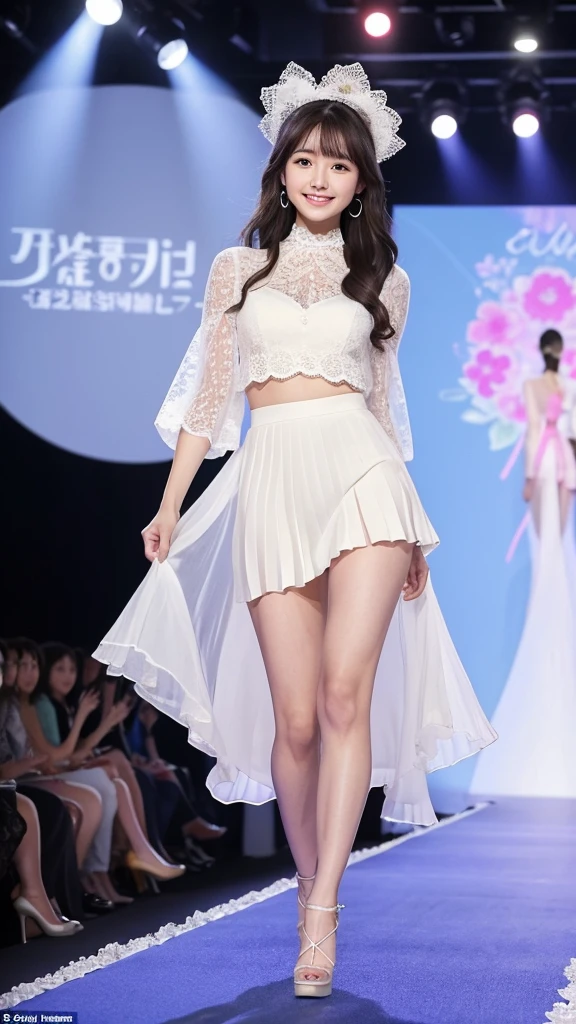 Amazingly large eyes、Smiling expression with white teeth visible、H cup bust、50cm waist、Slender and fair-skinned、Japan woman with long hair、20-year-old、Slim figure、Wearing a pleated skirt and a sheer lace blouse that flutters in the vivid breeze、Wearing high heels。On the runway at a fashion show、Her whole body was shown, from her high heels to her head, as she walked towards the viewer.、Bright, photo-quality images。
