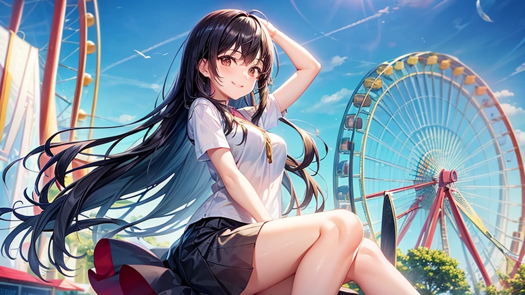 amusement park , One Girl , Black Hair , Long Hair , Brown eyes , smile , summer , Date , Cute Anime Girl