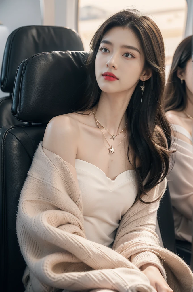 (((best quality))),(((ultra detailed))),(((masterpiece))),illustration,(a beautiful girl,female passenger,solo),(parted red lips),((slim,thin,small breasts,flat chest)),((earrings,crystal necklace)),summer night,((in airplane,economy class,indoor)),((strapless blanket bra)),(shoulder length straight bob hair:1.2),stars,moonlight,smooth flight,engine sound,lullaby,relaxed,excited,laughing,visiting family,comfortable seats,soft fabric,headrests,adjustable,beauty of night sky,dimmed lights,sleeping passengers,movies,personal screens,staying awake,magic of sky,joy of being with family,memorable journey,adventures,(surrounded by crowded crowds:1.3),(Outside the window is high-altitude night view:1.2),((from front,close-up of face))
