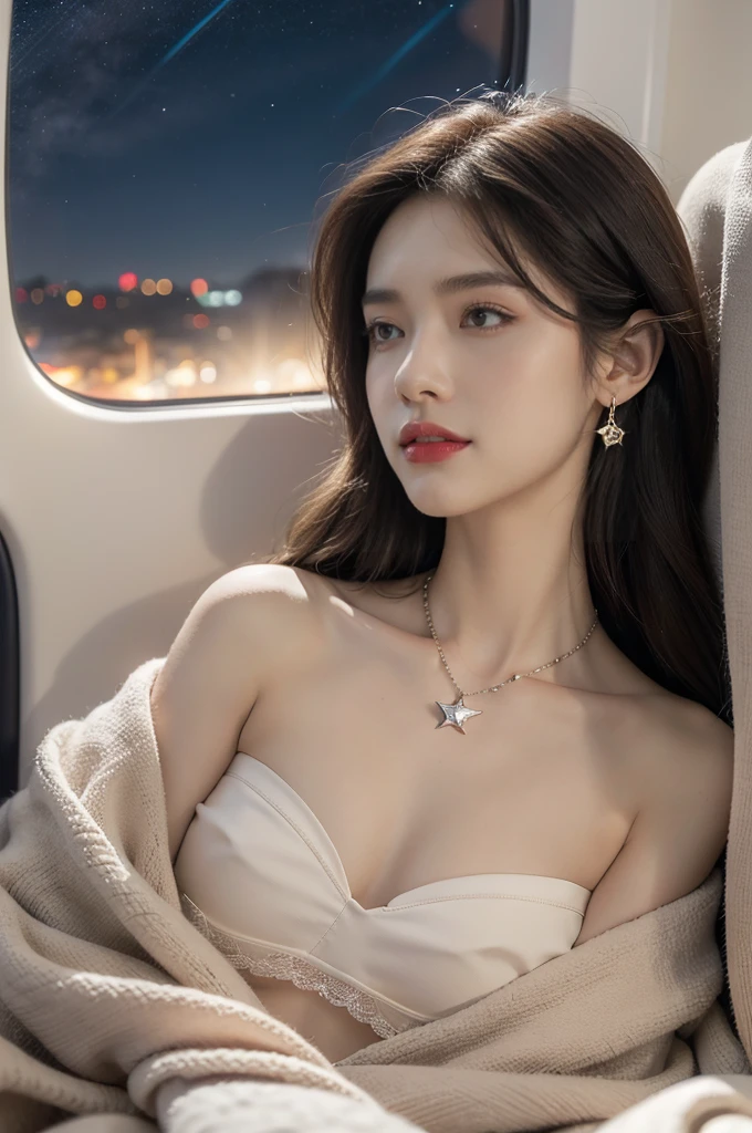 (((best quality))),(((ultra detailed))),(((masterpiece))),illustration,(a beautiful girl,female passenger,solo),(parted red lips),((slim,thin,small breasts,flat chest)),((earrings,crystal necklace)),summer night,((in airplane,economy class,indoor)),((strapless blanket bra)),(shoulder length straight bob hair:1.2),stars,moonlight,smooth flight,engine sound,lullaby,relaxed,excited,laughing,visiting family,comfortable seats,soft fabric,headrests,adjustable,beauty of night sky,dimmed lights,sleeping passengers,movies,personal screens,staying awake,magic of sky,joy of being with family,memorable journey,adventures,(surrounded by crowded crowds:1.3),(Outside the window is high-altitude night view:1.2),((from front,close-up of face))
