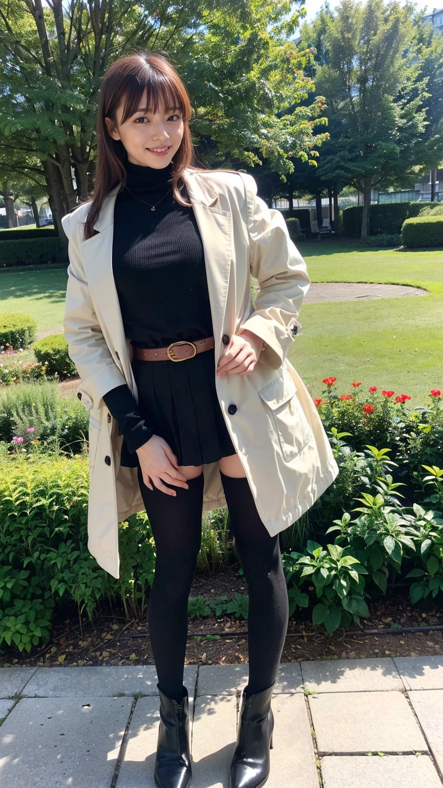 (8K、RAW Photos、Highest quality、masterpiece:1.2)、(Realistic、Realistic)、1 Girl、((Check mini skirt、Long coat、Medium Hair、black、Thin legs、whole body、boots、blackいコート、one piece、tights、garden、View from the front、smile、Looking into the camera、belt、Stand with hands on hips))、cute
