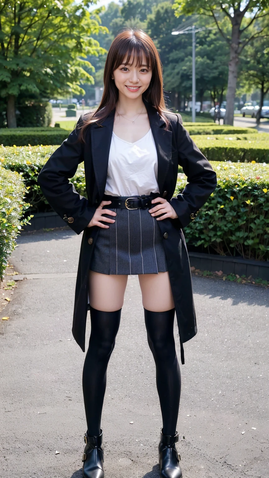 (8K、RAW Photos、Highest quality、masterpiece:1.2)、(Realistic、Realistic)、1 Girl、((Check mini skirt、Long coat、Medium Hair、black、Thin legs、whole body、boots、blackいコート、one piece、tights、garden、View from the front、smile、Looking into the camera、belt、Stand with hands on hips))、cute
