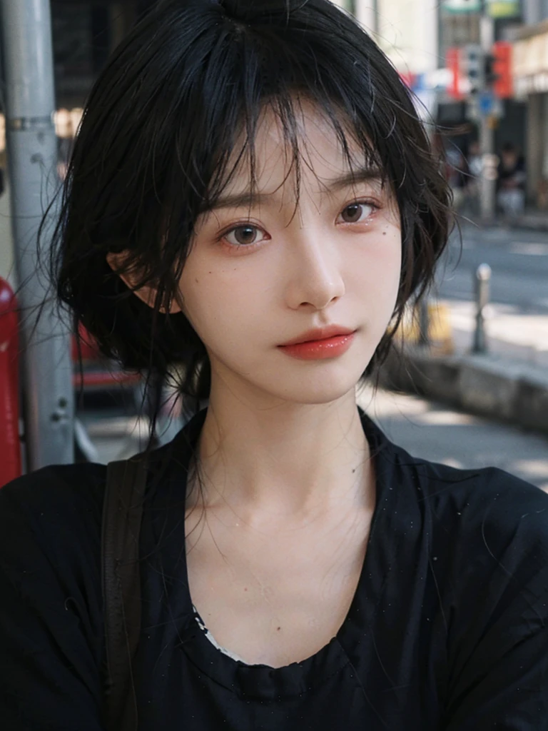 (Skin details:1.4), (smooth skin textures:1.3), (Upper body:1.4),(Upper Body:1.3),(Black clothes:1.4),Lipstick, background, earrings, serene, calm, (Realistic and detailed eyes:1.2), Natural skin texture, Realistic facial details, Soft dramatic lighting, Vivid details, 35 mm film, outdoor, (Photo Practical:1.4), (hyper Practical:1.4), (Practical:1.3), (Smoother lighting:1.05), (Improve lighting quality:0.9), (Highest quality real skin textures:1.4), Exquisite eyes, Delicate face, Close-up of face, (Enhance the beauty of skin texture:1.1),0Normal body proportions, short hair, Moles under the eyes, A faint smile,Portrait Photography, Depth of Field, Bokeh, Surrealism, Ray Tracing, (Portrait Photography:1.1), Surrealism, High Detail, Chiaroscuro, Ray Tracing, reflected light, Ultra HD, Ultra HD, masterpiece, Textured Skin, Super Detail, High Detail, high quality, best quality