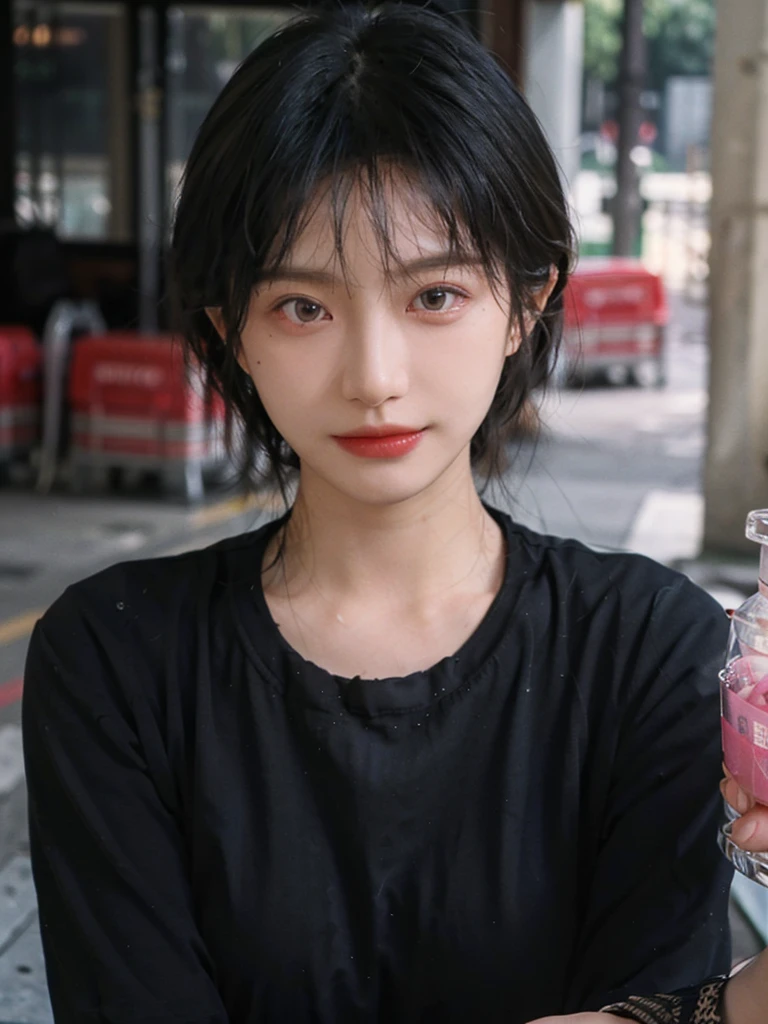 (Skin details:1.4), (smooth skin textures:1.3), (Upper body:1.4),(Upper Body:1.3),(Black clothes:1.4),Lipstick, background, earrings, serene, calm, (Realistic and detailed eyes:1.2), Natural skin texture, Realistic facial details, Soft dramatic lighting, Vivid details, 35 mm film, outdoor, (Photo Practical:1.4), (hyper Practical:1.4), (Practical:1.3), (Smoother lighting:1.05), (Improve lighting quality:0.9), (Highest quality real skin textures:1.4), Exquisite eyes, Delicate face, Close-up of face, (Enhance the beauty of skin texture:1.1),0Normal body proportions, short hair, Moles under the eyes, A faint smile,Portrait Photography, Depth of Field, Bokeh, Surrealism, Ray Tracing, (Portrait Photography:1.1), Surrealism, High Detail, Chiaroscuro, Ray Tracing, reflected light, Ultra HD, Ultra HD, masterpiece, Textured Skin, Super Detail, High Detail, high quality, best quality