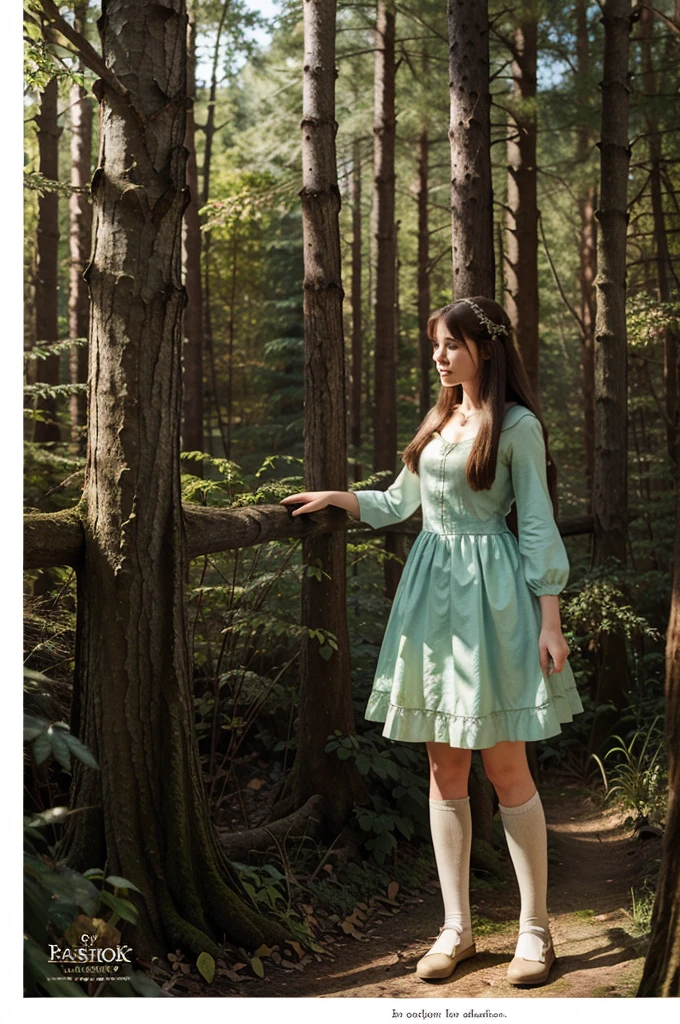 Illustration for a fairy tale about a girl, standing in the forest, who knows how to talk to animals