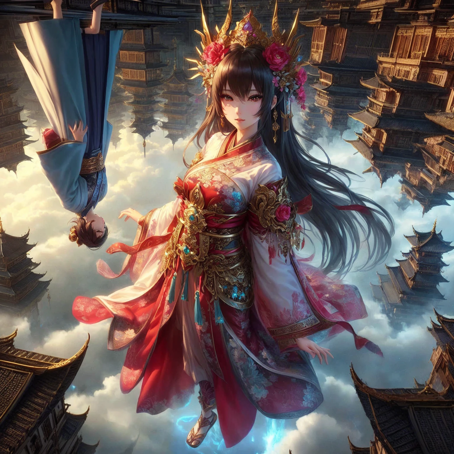 Close-up of a woman in a dress flying over a building., 2. 5d cgi anime fantasy artwork, Beautiful Fantasy Empress, palace ， girl in hanfu, Intricate, elegant cgi anime style., Golden Lotus Princess, Highly detailed fantasy characters, highly detailed fantasy art, Excellent and neat character art, Amazing fantasy art, Beautiful Tang Dynasty show, Amazing character art