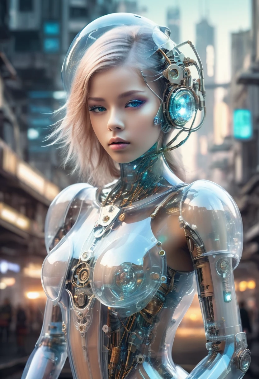 Translucent ethereal mechanical girl,Futuristic girl,Mechanical jointecha-girl,futuristic urban background