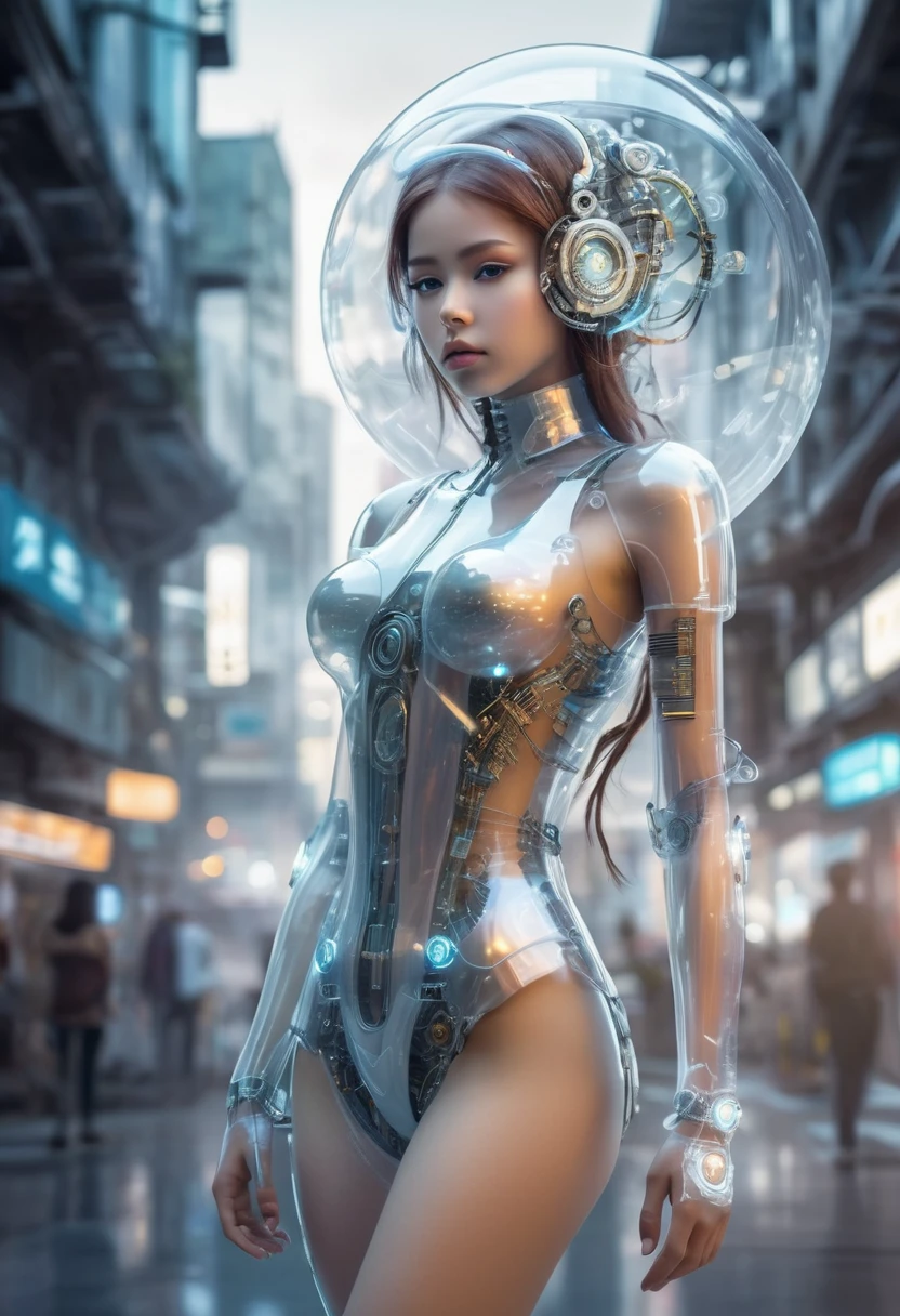 Translucent ethereal mechanical girl,Futuristic girl,Mechanical jointecha-girl,futuristic urban background