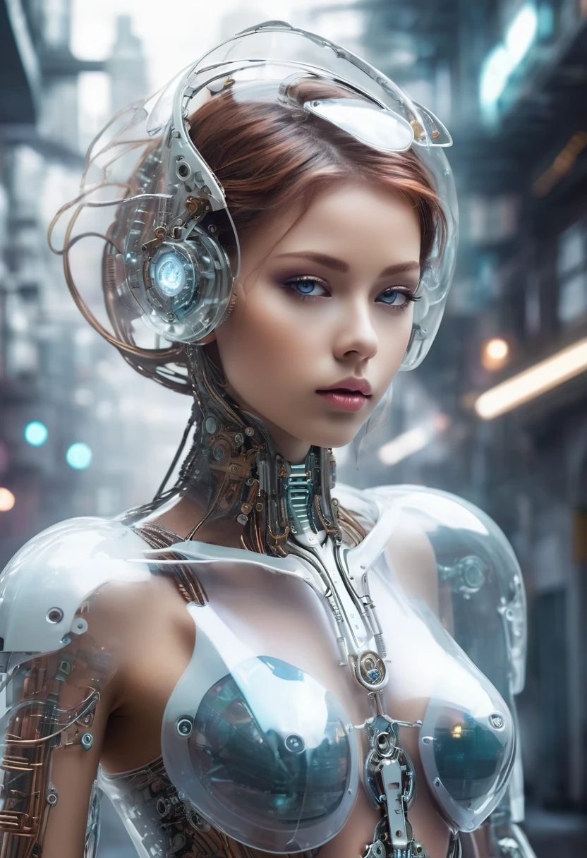 Translucent ethereal mechanical girl，Futuristic girl，Mechanical jointecha-girl，futuristic urban background