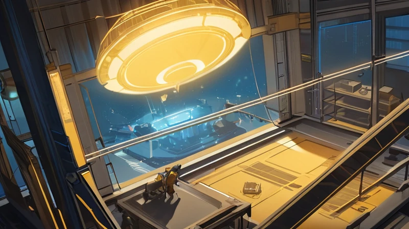 Digital illustration of a futuristic workshop with a warm, golden glow. Three makers in blue overalls and yellow hard hats working on a large, floating holographic blueprint on the floor. Above them, a massive glowing UFO-like device with intricate circuitry and blue energy rings. Workshop filled with a mix of traditional tools and high-tech gadgets. Soft light streaming through windows on the left. Include a curious cat observing the scene. Color palette: warm yellows, cool blues, and neutral grays. Style: hyper-realistic digital painting with a touch of whimsy. Lighting: dramatic contrast between the warm glow of the central area and cooler shadows in the corners.